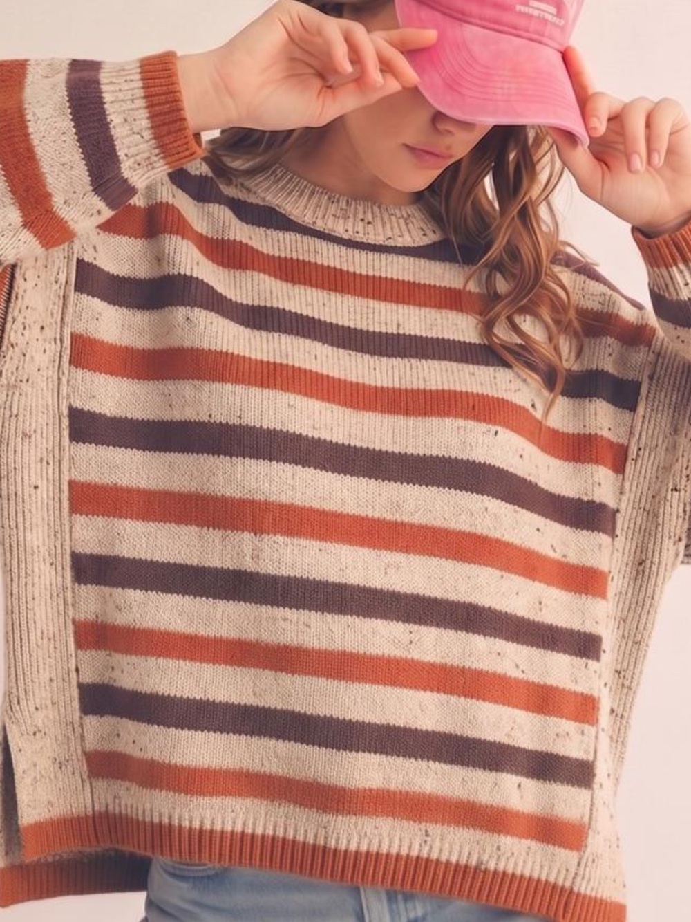 Striped Crewneck Sweater in Cream, Rust & Brown